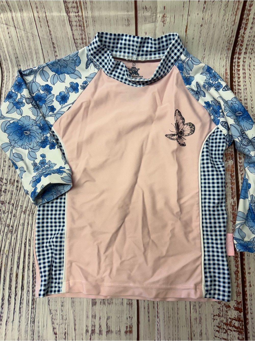 SPF swim top Girls' Pink & Blue Butterfly Rash Guard Top